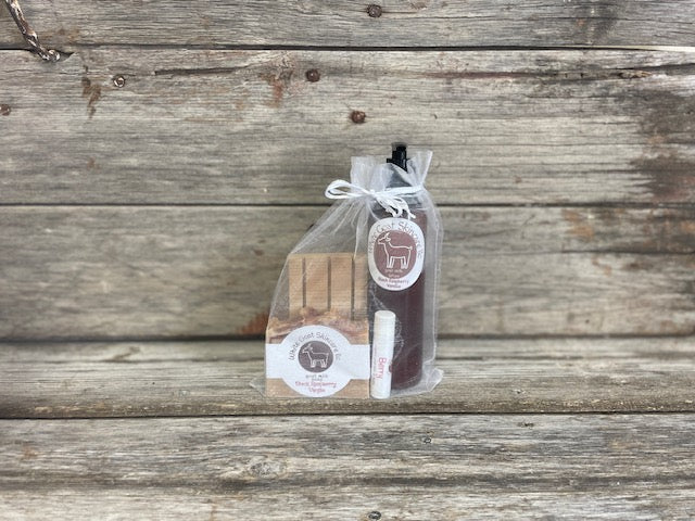 Goat milk essentials gift set ~ soap / lotion / lip balm / soap rack