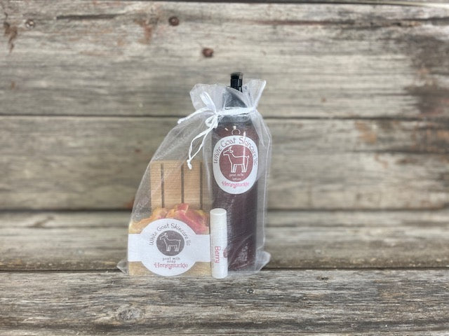 Goat milk essentials gift set ~ soap / lotion / lip balm / soap rack