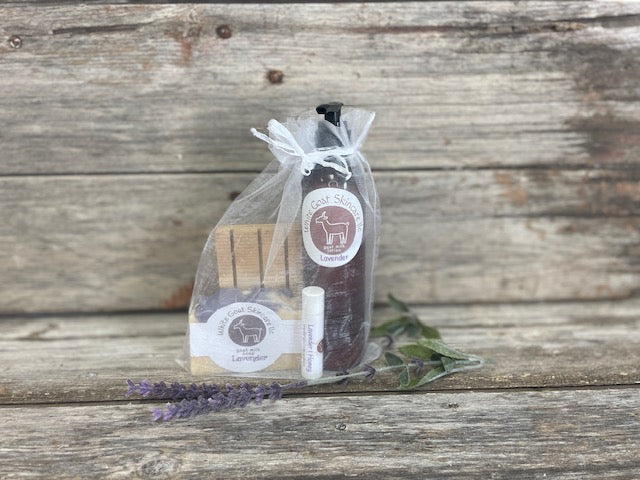Goat milk essentials gift set ~ soap / lotion / lip balm / soap rack